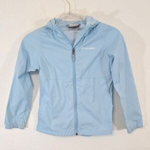 Columbia Girls Windbreaker Jacket Hooded Lightweight Pockets Light Blue, Small